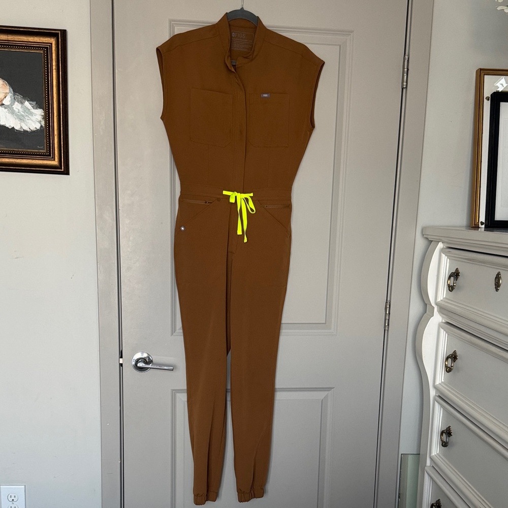 Figs Brown Jumpsuit with Neon Yellow Accents. Color Earth. Excellent condition.